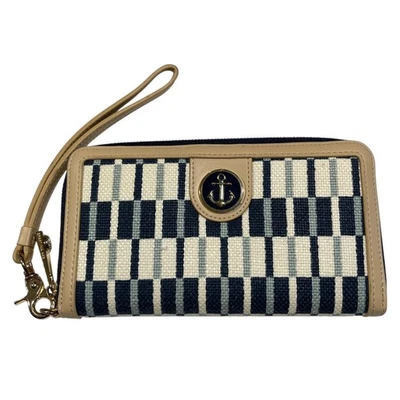 Spartina 449 Daufuskie Island Zip Wallet Wristlet Blue Tan Linen Stripe Nautical - Image 1 of 4