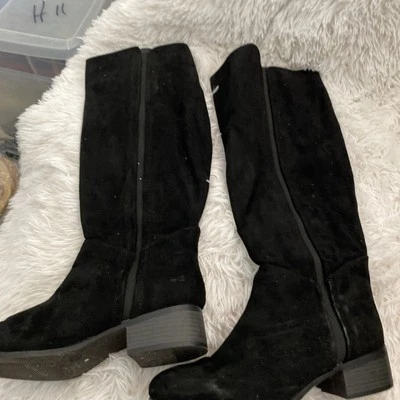 Merona Boots Womens 8 Tall Knee High Riding Pull On Block Heels Black Fabric - Image 1 of 4