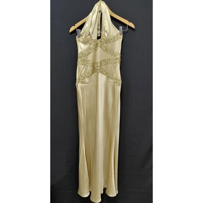 Vestido de Noche Halter Con Cuentas Alyce Designs Dorado Seda Vestido Formal Talla 6 Foto 1 de 4