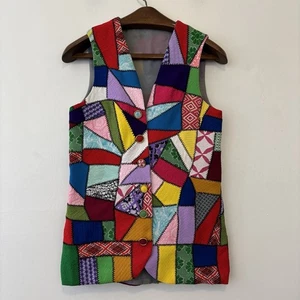 Gilet patchwork vintage fatto a mano snap foderato davanti circa medio anni 60 70 bohemien - Foto 1 di 8