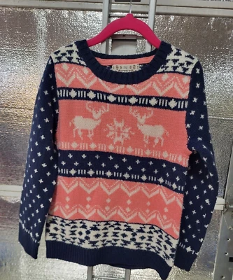 Pink Republic Girls Christmas Sweater 5/6 - Pink Blue - Reindeer - Ugly -Holiday - Image 1 of 4