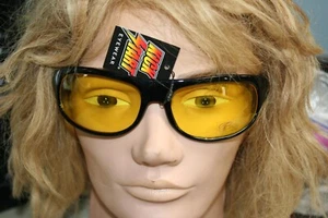 WRAP MOTORCYCLE EYEWEAR GLASSES BLACK FRAMES YELLOW LENS FITS LARGE FACES - Picture 1 of 5