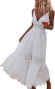Women's Embroidery Pearl Button Down Dress V Neck Spaghetti Strap Maxi Dress - Picture 1 of 2