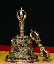 6.8" Old Tibetan Filigree inlay Gems Buddhism Buddha Dorje Vajra Bell & Holder