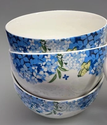 Juego de 4 cuencos de sopa de cereales Royal Norfolk mariposa floral jardín azul hortensias Foto 1 de 2