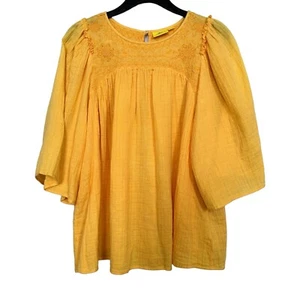 Roller Rabbit Women’s Sz S Yellow 3/4 Sleeve Embroidered Cotton Popover Blouse - Picture 1 of 7