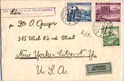 1940 Prague Protectorate Bohemia Moravia Airmail Cover To USA NY New York - Image 1 of 2