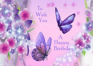 FEMALE LADIES HAPPY BIRTHDAY GREETINGS CARD BEAUTIFUL FLOWERS AND BUTTERFLIES - Picture 1 of 1
