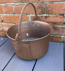 Vintage French Hammered Copper Pan Hanging Cooking Pot Iron Handle Plant Pot - Picture 1 of 6
