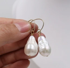 12X20 Natural White Drops Baroque Pearl Earring 18KGP Hook Irregular G10 - Picture 1 of 6