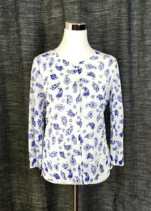 NWT ANN TAYLOR LOFT Casual Knit Jacket Cardigan White Blue Paisleys ~ Sz. L #02 - Picture 1 of 8