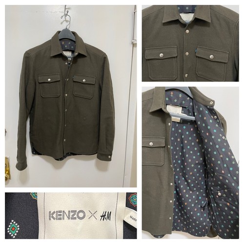 KENZO H&M Camicia Uomo Giacca Shacket S Lana Cotone Verde Stampa Fodera CPO Militare