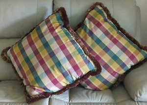 PLAID PILLOWS WITH FRINGE RUST GOLD RED TAN GREEN BROWN Striped - Picture 1 of 5