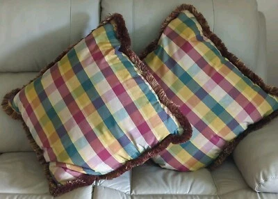 PLAID PILLOWS WITH FRINGE RUST GOLD RED TAN GREEN BROWN Striped - Image 1 of 4