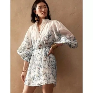 BANANA REPUBLIC Ramie Botanical Bird Print Dress Womens Small White Blue NEW - Picture 1 of 22