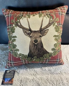 HINES OF OXFORD Stag Red Tartan Tapestry Pillow 18” x 18” NWT - Picture 1 of 5