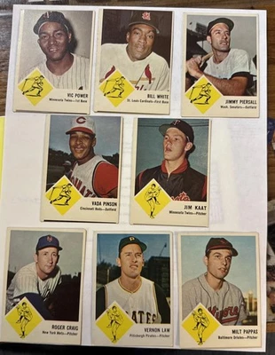 (8) LOTE de tarjetas de béisbol Fleer 1963 Jim Kaat, Piersall, Law, Pinson, Power EX.  Foto 1 de 4