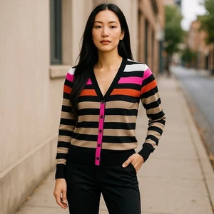 Katherine Barclay Womens Cardigan Sweater Pink Orange White Black NEW M - Picture 1 of 6