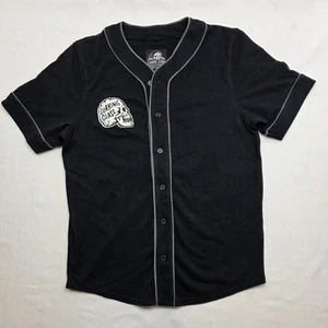 Maglia da baseball Lurking Class nera con piping bianca ricamata con bottoni. Taglia L - Foto 1 di 9