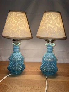 Vintage Blue Opalescent Hobnail Art Glass Set of 2 Dresser or Bedside Lamps - Picture 1 of 24