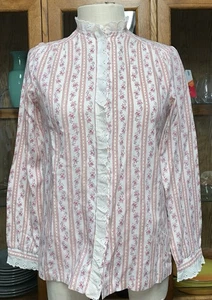 D8 80s CHANGING SCENE 9/10 BUTTON UP SHIRT RUFFLE PRAIRIE PINK FLORAL HIGH NECK - Picture 1 of 24