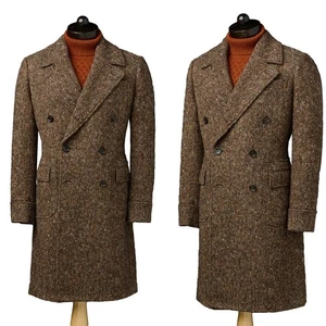 Men Brown Coat Double Breasted Jacket Notch Lapel Cashmere Tweed Winter Long - Picture 1 of 11