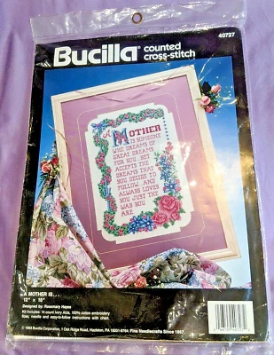 Bucilla Counted Cross Stitch Kit  #40727  "A Mother Is...." 12''  x 18" , 1992 - Image 1 of 4