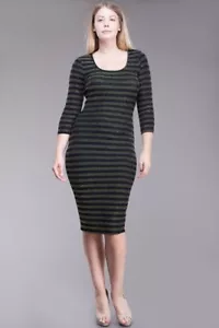 KNIT STRIPE TEXTURE GOLD AND BLACK SCOOP NECK MIDI LENGTH PLUS BODYCON DRESS - Picture 1 of 6