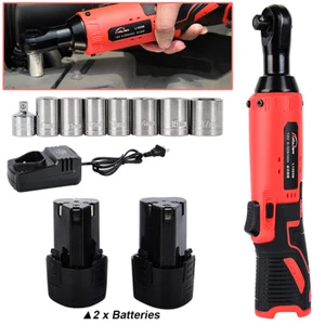 Cordless Ratchet 3/8" Right Angle Wrench Impact Power Tool w/2 Battery 7 Socket - Picture 1 of 15