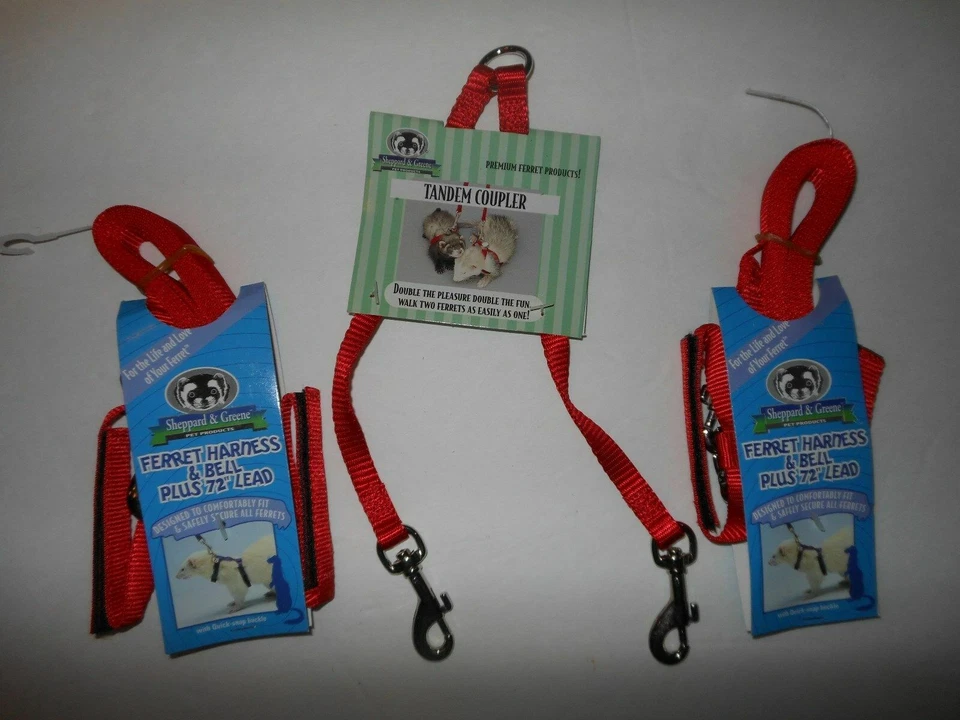 Sheppard & Greene Ferret - 2 Harness / Lead Sets+Tandem Coupler - Red