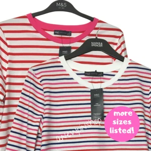 Camiseta M&S Damas Top Roja O Azul Marino Mezcla Rayas Algodón Puro Nueva con Etiquetas Marcas - Imagen 1 de 20