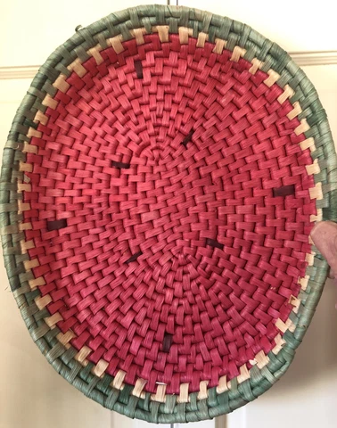 Vintage Large Watermelon Hand Woven Shallow Basket w/ some Fading & Wear Cover