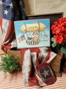 PRIMITIVE ANTIQUE VINTAGE STYLE JULY AMERICA USA PATRIOTIC HOT AIR BALLOON SIGN - Picture 1 of 9