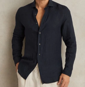 REISS RUBAN-LS LINEN SHIRT NAVY SIZE S REGULAR FIT - Picture 1 of 5