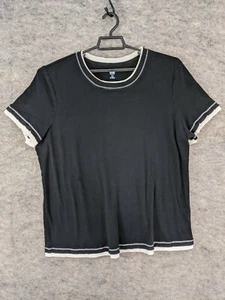 SJB Active Top Women 3X T-Shirt Black Stretch Knit Raw Seams White Trim SS - Picture 1 of 12