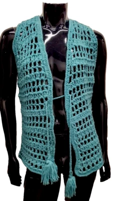 1970s KNIT Vest TURQUOISE Wool Yarn Knitted Hippie 1960s WOODSTOCK ERA - Image 1 of 4