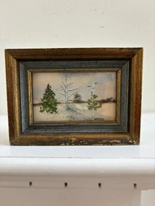 Miniature Original Winter Landscape Watercolor Painting Signed Warner 3.5”x4.5” - Picture 1 of 14