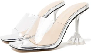 MAIERNISI JESSI Women's Clear Heels Sandals Square Toe High Stiletto Mules Slip - Picture 1 of 3