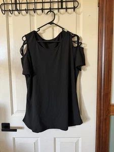 Women’s Slimming Open Sleeve Cold Shoulder Black Long Top Size 14 Sb11 - Picture 1 of 4