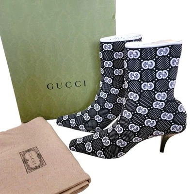 Gucci GG монограмма Джерси носок ботинки черный белый каблук ботильоны 39,5 США 9,5 - Изображение 1 из 4