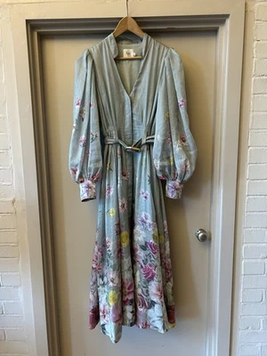 Vestido Aje Fleur UK10-12 Azul Claro Rosa Floral Lino Dorado Cinturón Mangas Abullonadas Midi Foto 1 de 4