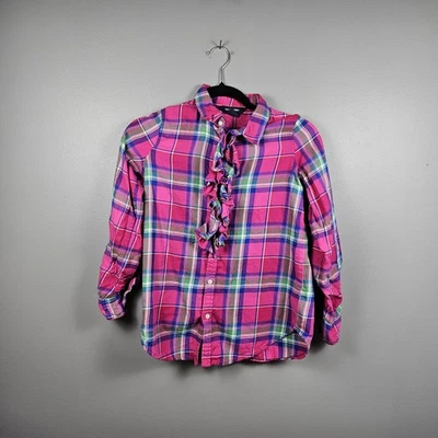 Ralph Lauren Girls 12 Pink Plaid Ruffle Button Down Shirt Cotton Long Sleeve - Image 1 of 4
