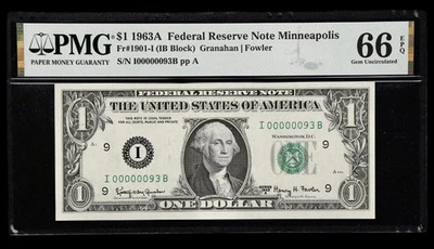 1963 A $1 LOW SERIAL # 00000093 Federal Reserve Note Minneapolis PMG 66 EPQ Gem - Image 1 of 2