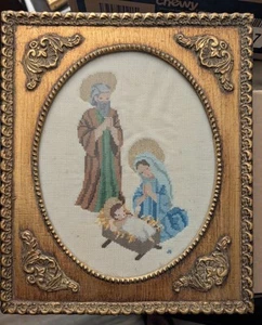 Vintage Heilige Familie Nadelspitze plus geflochtener Holzrahmen mit Antik Gold 1983 - Bild 1 von 6