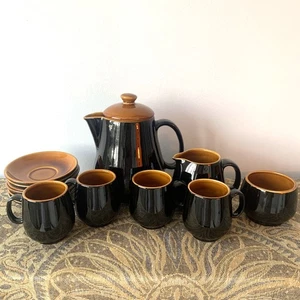 Vintage Tea Coffee Set Retro Black & Brown 5 Cups w/ Saucers Teapot Milk Jug - Picture 1 of 9
