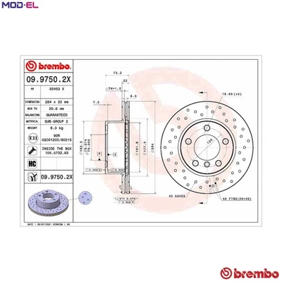 2x BRAKE DISC 09.9750.2X FOR BMW 1/F20 B37D15A B38B15A 1.5L 3cyl 1 F20 B47D20 - Image 1 of 4