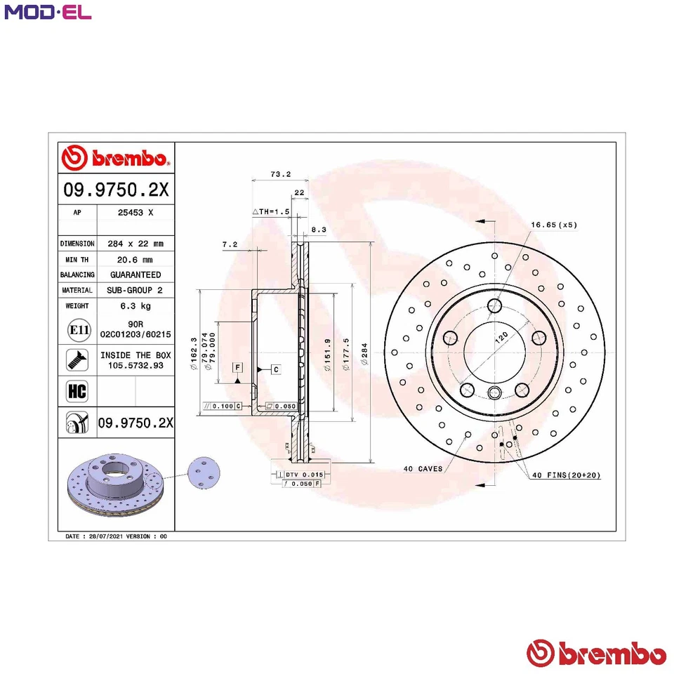 2x BRAKE DISC 09.9750.2X FOR BMW 1/F20 B37D15A B38B15A 1.5L 3cyl 1 F20 B47D20 - Image 1 of 4