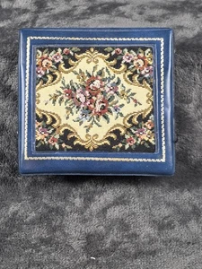 Vintage Needlepoint Jewelry Box Blue Floral Tapestry Velvet Lined Mirror Travel - Picture 1 of 9