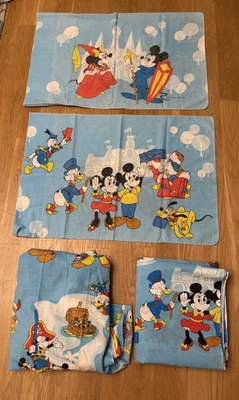 Vintage Disney Twin Sheet Set Mickey Donald Pluto Frontierland 70s Arrow 4 piece - Image 1 of 4