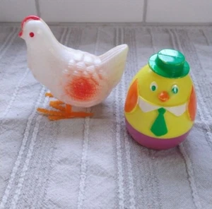 Vtg Plastic Easter Toys pull back and hen rooster Egg Laying Chicken Unlimited - Picture 1 of 8